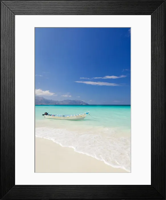 Framed Print : Yemen, Socotra, Sha ab. A boat moored in the sea at Sha ab Framed Print : Yemen, Socotra, Sha ab. A boat moored in the sea at Sha ab