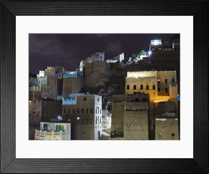 Framed Print : Yemen, Hadhramaut, Wadi Do an, Khuraibah. Buildings lit at night Framed Print : Yemen, Hadhramaut, Wadi Do an, Khuraibah. Buildings lit at night