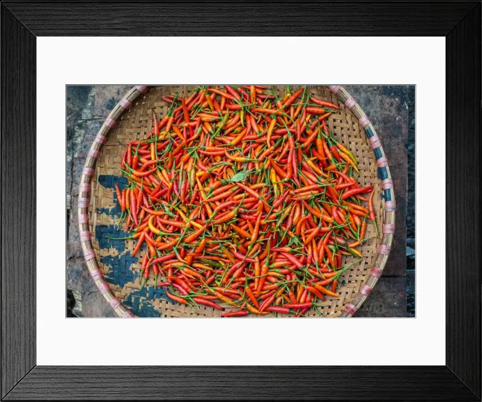 Framed Print : Chili peppers for sale in basket at Dong Xuan Market, Hoan Kiem District, Old Quarter