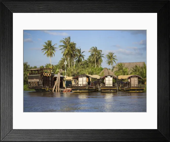 Framed Print : Tourist boats at resort on Ben Tre River, Ben Tre, Mekong Delta, Vietnam Framed Print : Tourist boats at resort on Ben Tre River, Ben Tre, Mekong Delta, Vietnam