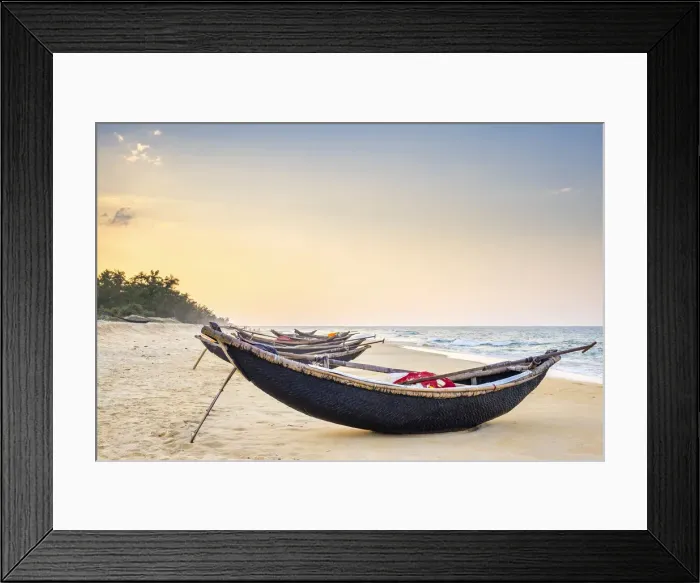 Framed Print : Traditional bamboo basket fishing boats on the beach at sunset, Thuan An Beach, Phu