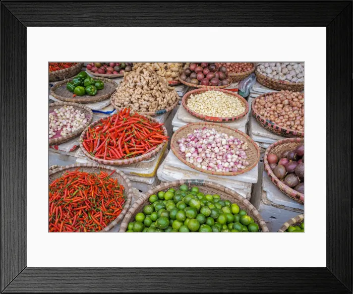 Framed Print : Chili peppers, limes, ginger and garlic for sale at Dong Xuan Market, Hoan Kiem District