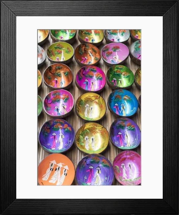 Framed Print : Colourful bowls made out of coconut shells, Sapa, Sa Pa District, Lao Cai Province Framed Print : Colourful bowls made out of coconut shells, Sapa, Sa Pa District, Lao Cai Province