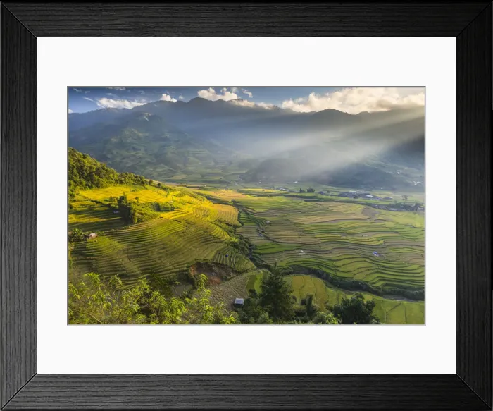 Framed Print : Sun beams over the mountains surrounding the rice terraces at Tu Le, Yen Bai Province Framed Print : Sun beams over the mountains surrounding the rice terraces at Tu Le, Yen Bai Province