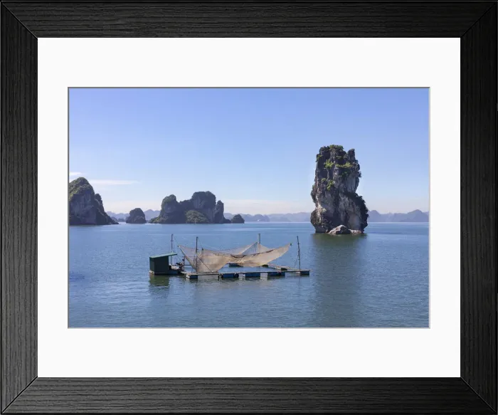 Framed Print : Fishing nets on a raft in front of karst rocks, Halong Bay, Quang Ninh Province Framed Print : Fishing nets on a raft in front of karst rocks, Halong Bay, Quang Ninh Province
