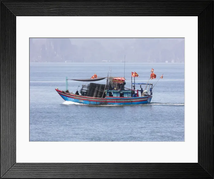 Framed Print : Colourful fishing boat with flags, Halong Bay, Quang Ninh Province, North-East Vietnam Framed Print : Colourful fishing boat with flags, Halong Bay, Quang Ninh Province, North-East Vietnam