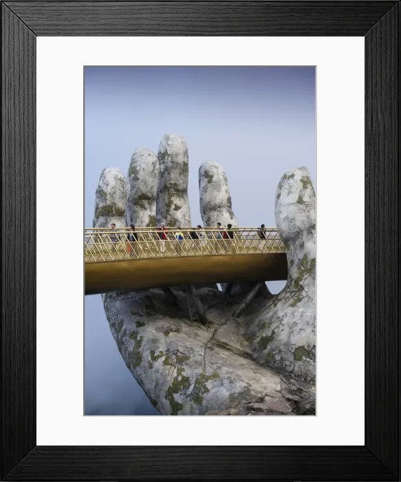 Framed Print : Asia, Southeast Asia, Vietnam, Danang, The Golden Bridge at the Ba Na resort, an old Framed Print : Asia, Southeast Asia, Vietnam, Danang, The Golden Bridge at the Ba Na resort, an old