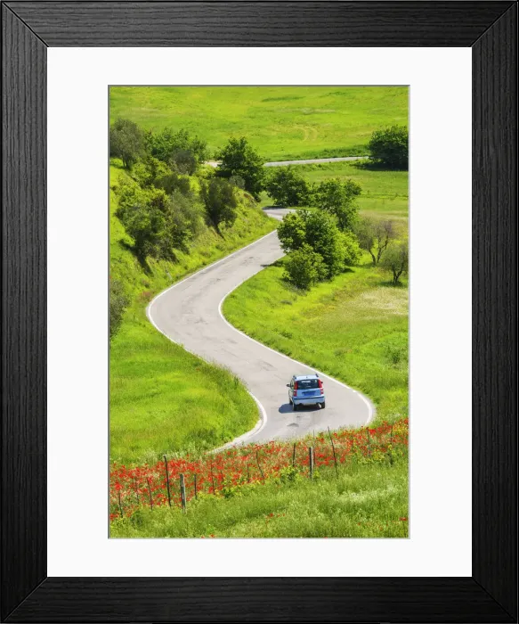 Framed Print : Car on Winding Road, Tuscany, Italy Framed Print : Car on Winding Road, Tuscany, Italy