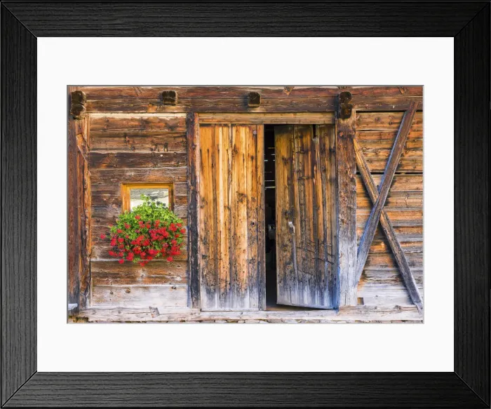 Framed Print : Rustic Barn Door & Geraniums, Val di Funes, Dolomites, South Tyrol, Italy Framed Print : Rustic Barn Door & Geraniums, Val di Funes, Dolomites, South Tyrol, Italy