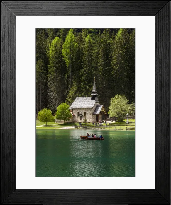 Framed Print : Lake Braies or Pragser Wildsee with Marienkapelle chapel, South Tyrol, Italy