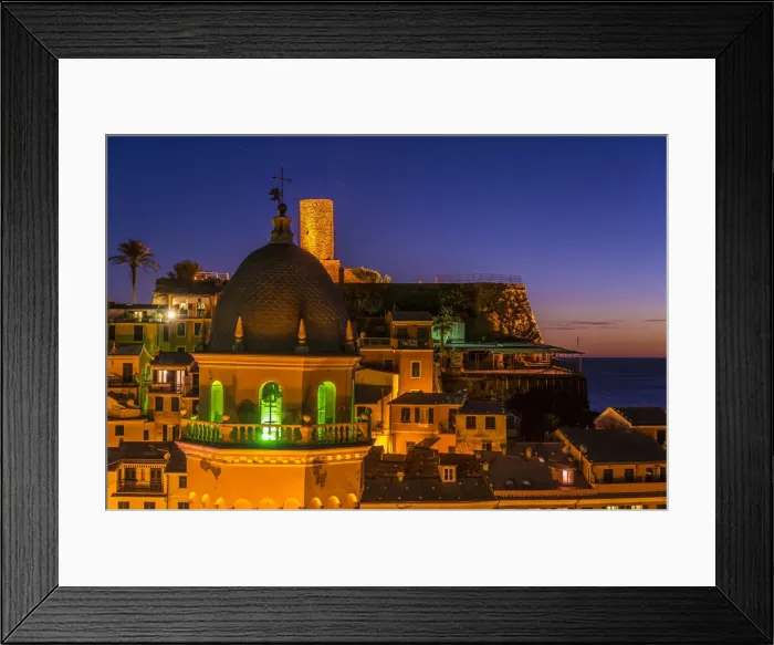 Framed Print : italy, Liguria, Cinque Terre. The village of Vernazza in the evening