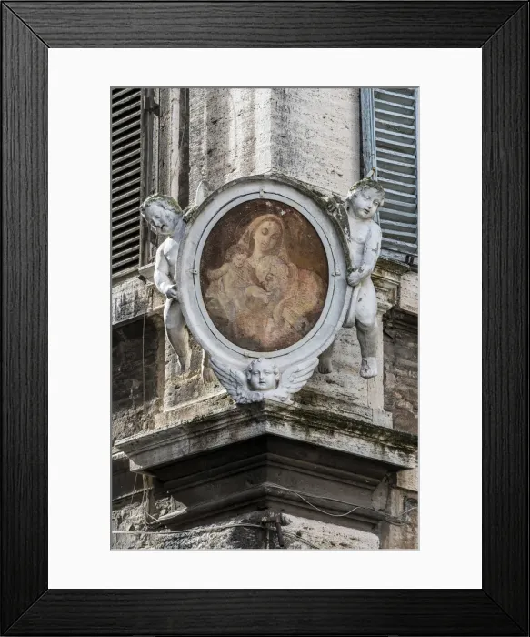 Framed Print : Traditional Madonnella or Madonna painting placed in a buildings corner, Rome, Lazio Framed Print : Traditional Madonnella or Madonna painting placed in a buildings corner, Rome, Lazio