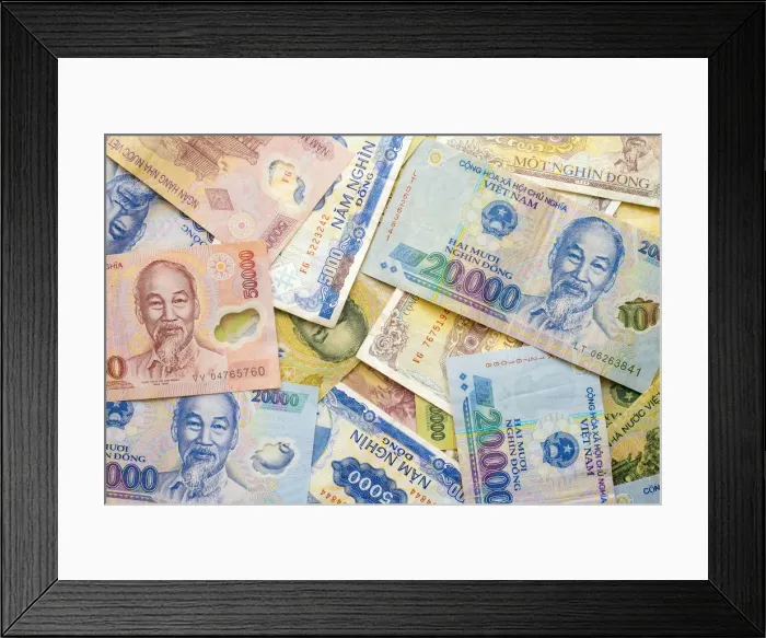 Framed Print : Vietnamese Dong currency, various denominations of paper banknotes, money