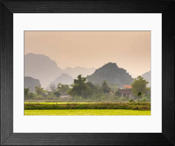 Framed Print : Karst landscape and rice fields near Tam Cốc village at sunset, Hoa Lư