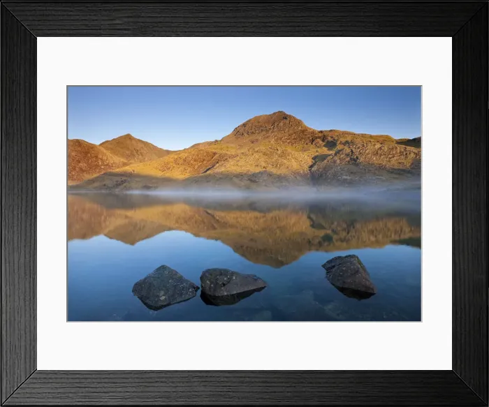 Framed Print : Sunlit Crib Goch and Snowdon mountains reflected in Llyn Llydaw, Snowdonia National Park Framed Print : Sunlit Crib Goch and Snowdon mountains reflected in Llyn Llydaw, Snowdonia National Park