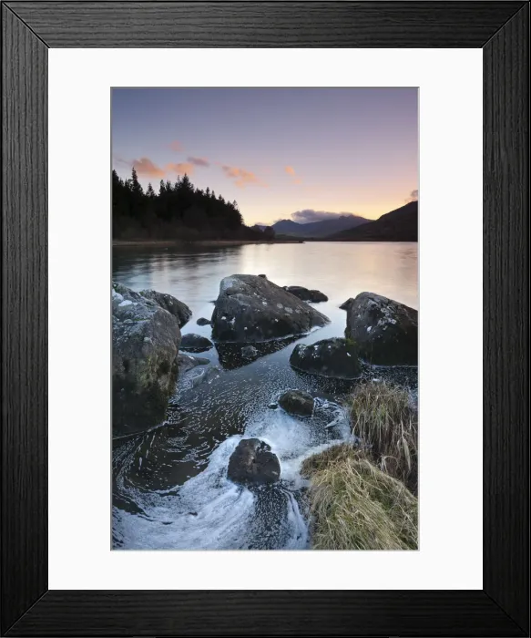 Framed Print : Mount Snowdon at dusk viewed from the rocky shores of Llynnau Mymbyr, Snowdonia National Framed Print : Mount Snowdon at dusk viewed from the rocky shores of Llynnau Mymbyr, Snowdonia National