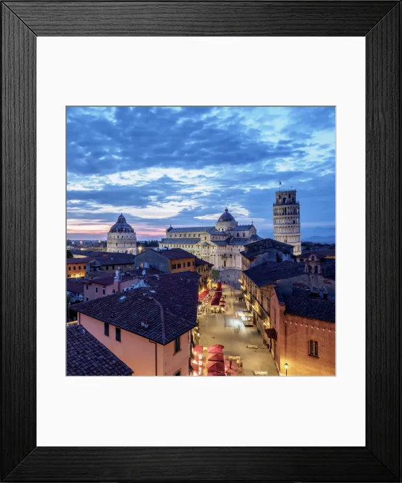 Framed Print : View over Via Santa Maria towards Cathedral and Leaning Tower at dusk, Pisa, Tuscany