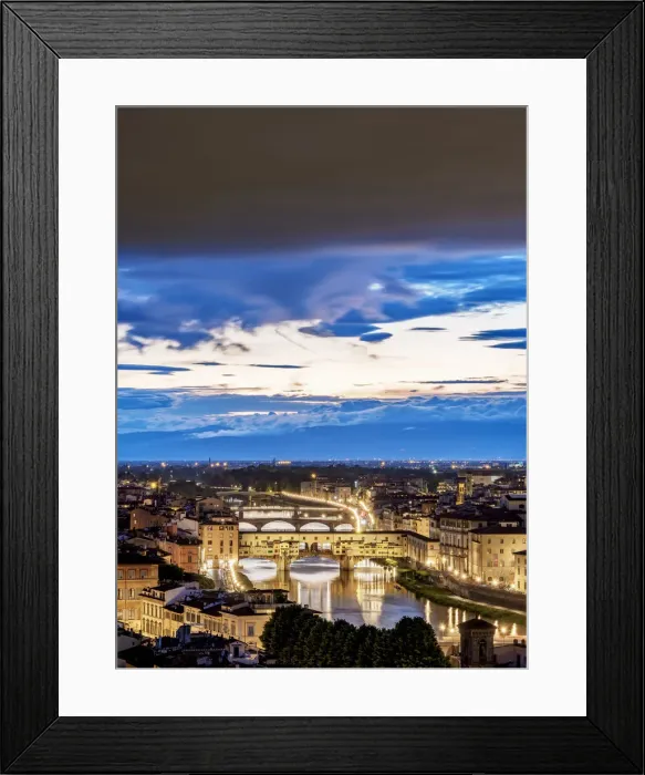 Framed Print : Cityscape with Ponte Vecchio and Arno River at dusk, Florence, Tuscany, Italy Framed Print : Cityscape with Ponte Vecchio and Arno River at dusk, Florence, Tuscany, Italy