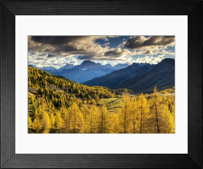 Framed Print : Valley of Autumn Larches, Marmolada, Dolomites, Italy Framed Print : Valley of Autumn Larches, Marmolada, Dolomites, Italy