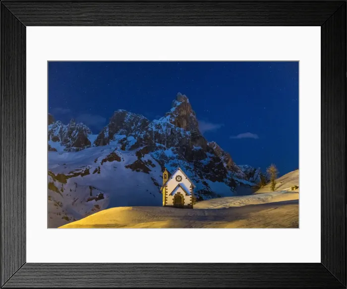 Framed Print : Chapel & Pala Group at Night in Winter, Dolomites, Trentino, Italy Framed Print : Chapel & Pala Group at Night in Winter, Dolomites, Trentino, Italy