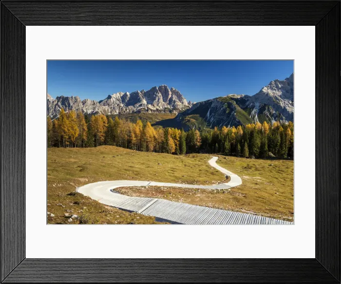 Framed Print : Path Leading to Cristallo Mountains in Autumn, Dolomites, Italy Framed Print : Path Leading to Cristallo Mountains in Autumn, Dolomites, Italy