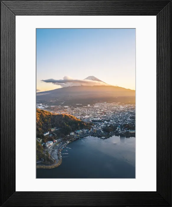 Framed Print : Aerial view of lake Kawaguchi and Mt Fuji at sunset, Yamanashi Prefecture, Japan Framed Print : Aerial view of lake Kawaguchi and Mt Fuji at sunset, Yamanashi Prefecture, Japan