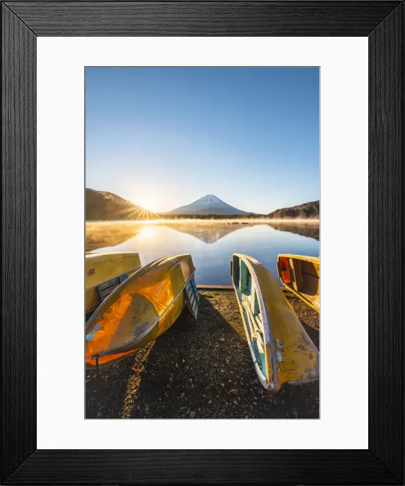 Framed Print : Boats moored at lake Shoji and Mt. Fuji, Yamanashi Prefecture, Japan Framed Print : Boats moored at lake Shoji and Mt. Fuji, Yamanashi Prefecture, Japan