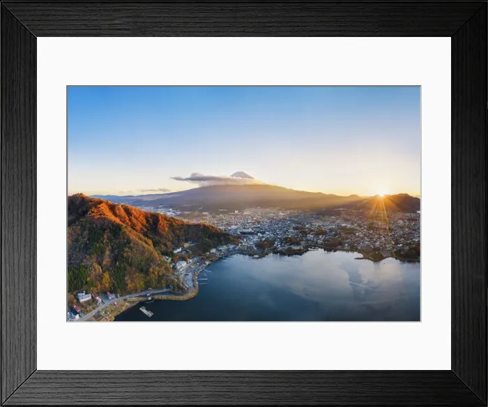 Framed Print : Aerial view of lake Kawaguchi and Mt Fuji at sunset, Yamanashi Prefecture, Japan