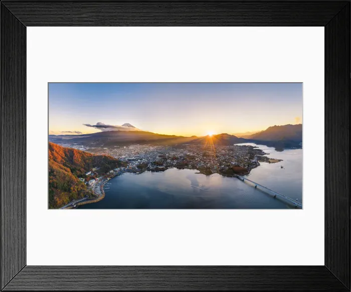 Framed Print : Aerial view of lake Kawaguchi and Mt Fuji at sunset, Yamanashi Prefecture, Japan