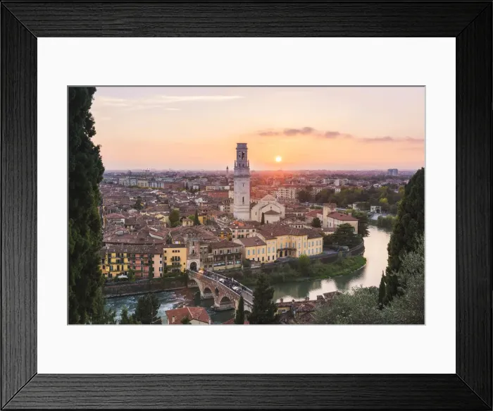 Framed Print : Verona, Veneto, Italy. High angle view of Ponte Pietra (Stone Bridge) and the old