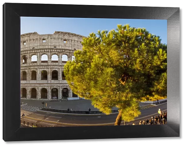 Rome, Lazio, Italy. High angle panoramic view over the Colosseum square at sunrise