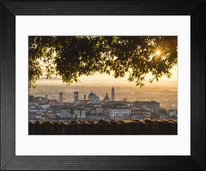 Framed Print : Bergamo, Lombardy, Italy. High angle view over Upper Town (Citta Alta) at sunrise Framed Print : Bergamo, Lombardy, Italy. High angle view over Upper Town (Citta Alta) at sunrise