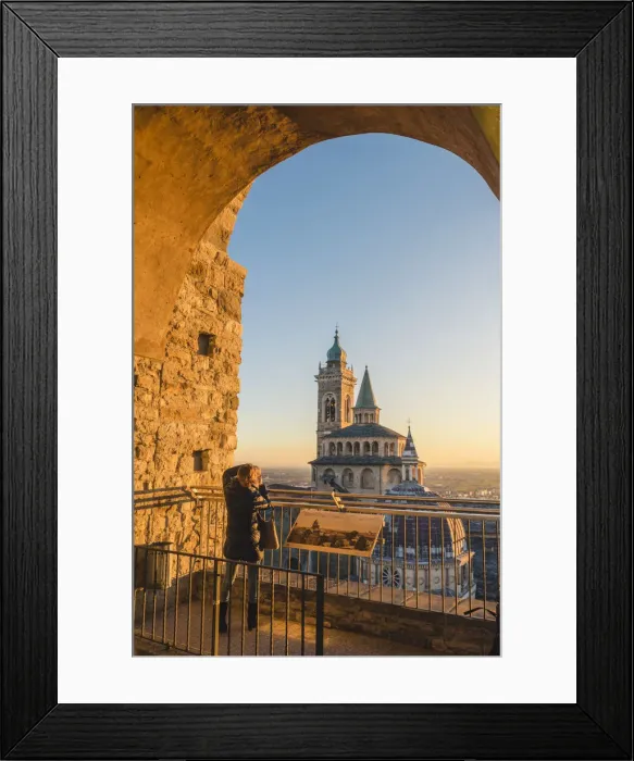 Framed Print : Bergamo, Lombardy, Italy. Tourist photographing the Saint Mary Major (Santa Maria Framed Print : Bergamo, Lombardy, Italy. Tourist photographing the Saint Mary Major (Santa Maria