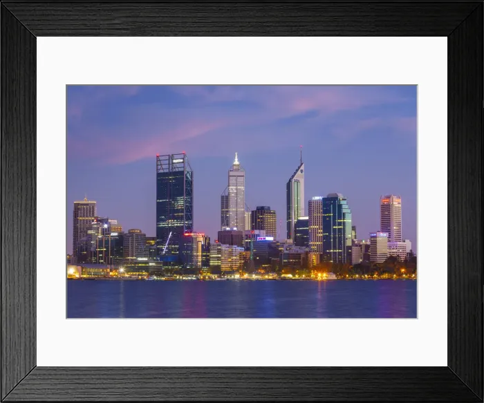 Framed Print : Australia, Western Australia, Perth, city skyline from Swan River, dawn Framed Print : Australia, Western Australia, Perth, city skyline from Swan River, dawn