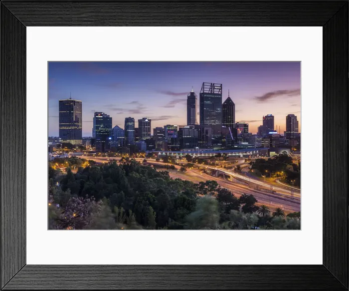 Framed Print : Australia, Western Australia, Perth, city skyline from Kings Park, dawn Framed Print : Australia, Western Australia, Perth, city skyline from Kings Park, dawn