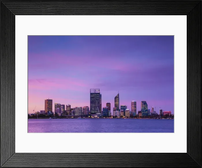 Framed Print : Australia, Western Australia, Perth, city skyline from Swan River, dusk Framed Print : Australia, Western Australia, Perth, city skyline from Swan River, dusk