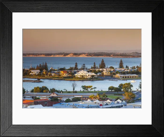 Framed Print : Australia, Western Australia, Bunbury, elevated town view from Boulters Heights, dusk Framed Print : Australia, Western Australia, Bunbury, elevated town view from Boulters Heights, dusk