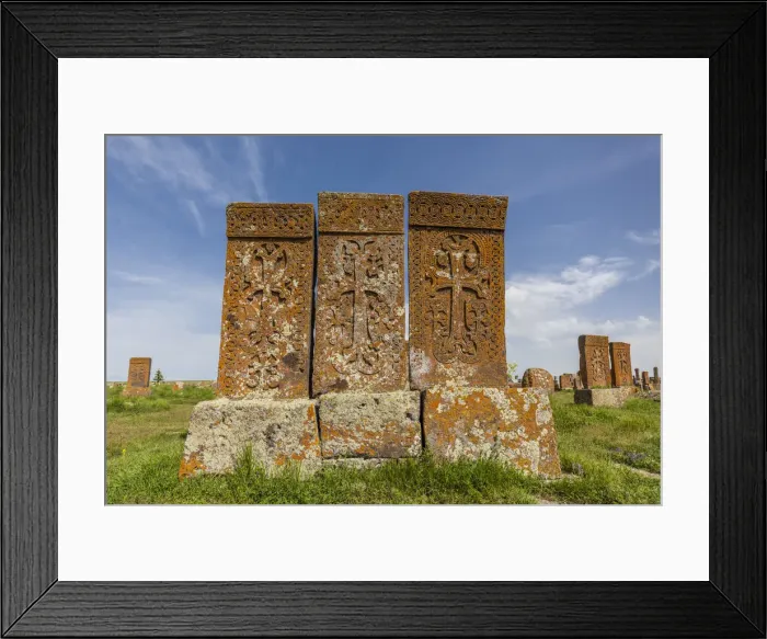 Framed Print : Armenia, Lake Sevan, Noratus, town cemetery, ancient khachkar monuments