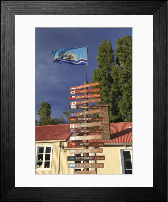 Framed Print : Argentina, Patagonia, Ruta 40, Small restaurant on the road with distance signs Framed Print : Argentina, Patagonia, Ruta 40, Small restaurant on the road with distance signs