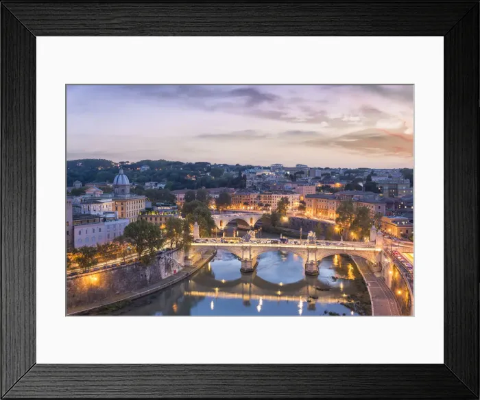 Framed Print : Rome, Lazio, Italy. High angle view of the Roman bridges over the tiber river at dusk