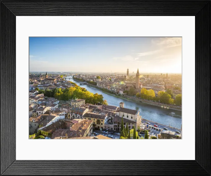 Framed Print : Verona, Veneto, Italy. High angle view of the old town and the Adige river at sunset Framed Print : Verona, Veneto, Italy. High angle view of the old town and the Adige river at sunset