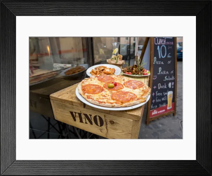 Framed Print : Rome, Lazio, Italy. Pizza with raw mean outside a traditional restaurant Framed Print : Rome, Lazio, Italy. Pizza with raw mean outside a traditional restaurant