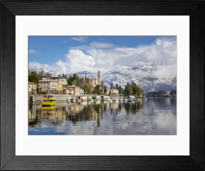 Framed Print : Tremezzo, Como, Lombardy, Italy. Village of Tremezzo in winter time with pristine Framed Print : Tremezzo, Como, Lombardy, Italy. Village of Tremezzo in winter time with pristine