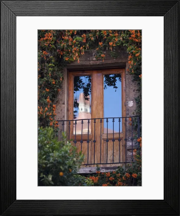 Framed Print : San Miguel de Allende; Mexico; An attractive spanish style balcony with the refelction Framed Print : San Miguel de Allende; Mexico; An attractive spanish style balcony with the refelction