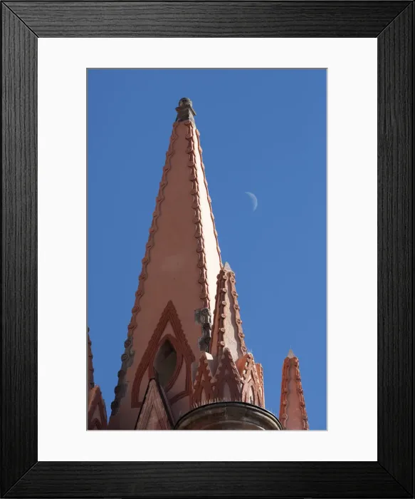 Framed Print : Mexico. A church steeple against a blue sky with the faint outline of the moon