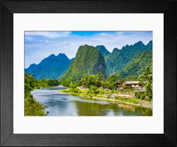 Framed Print : Village of Pha Tang and karst landscape on the Nam Song River, Vientiane Province, Laos Framed Print : Village of Pha Tang and karst landscape on the Nam Song River, Vientiane Province, Laos