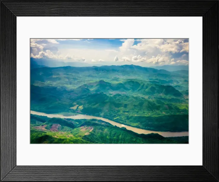 Framed Print : Aerial view of Mekong river and mountain landscape near Luang Prabang, Louangphabang Framed Print : Aerial view of Mekong river and mountain landscape near Luang Prabang, Louangphabang