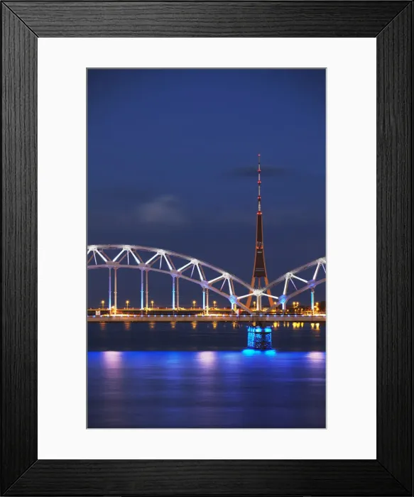 Framed Print : Railway bridge across Daugava River with TV tower in background, Riga, Latvia Framed Print : Railway bridge across Daugava River with TV tower in background, Riga, Latvia