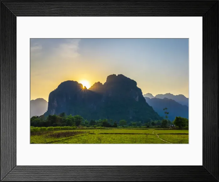 Framed Print : Karst landscape at sunset, Vang Vieng, Vientiane Province, Laos Framed Print : Karst landscape at sunset, Vang Vieng, Vientiane Province, Laos