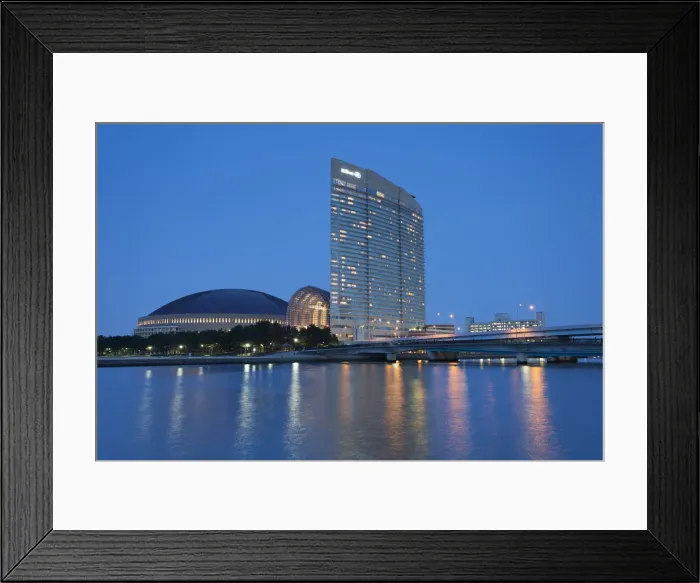 Framed Print : Fukuoka Yafuoku Dome and Hilton Fukuoka Sea Hawk at dusk, Fukuoka, Kyushu, Japan